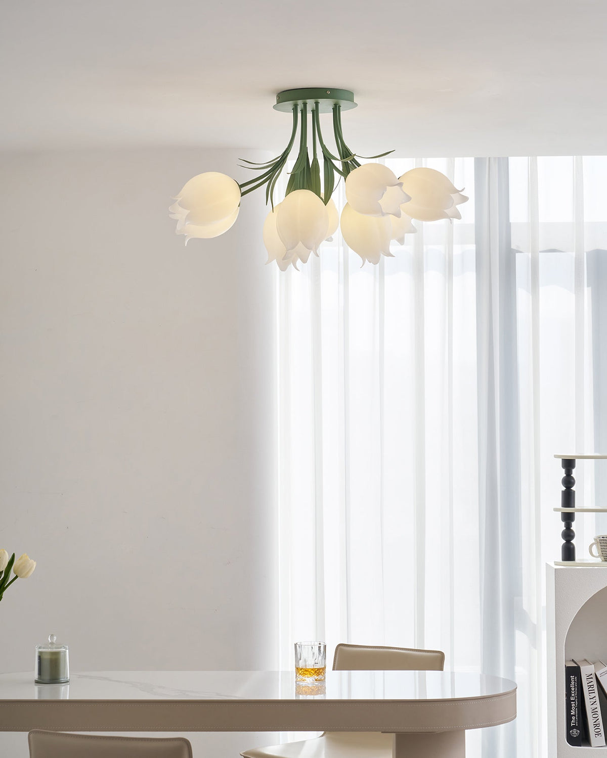 Flush Mount Floral Ceiling Light Fixture with Multi-Head LED Design for Bedroom, Living Room & Bathroom | Green White Acrylic Shades | Dimma