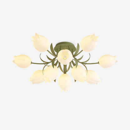 Flush Mount Floral Ceiling Light Fixture with Multi-Head LED Design for Bedroom, Living Room & Bathroom | Green White Acrylic Shades | Dimma