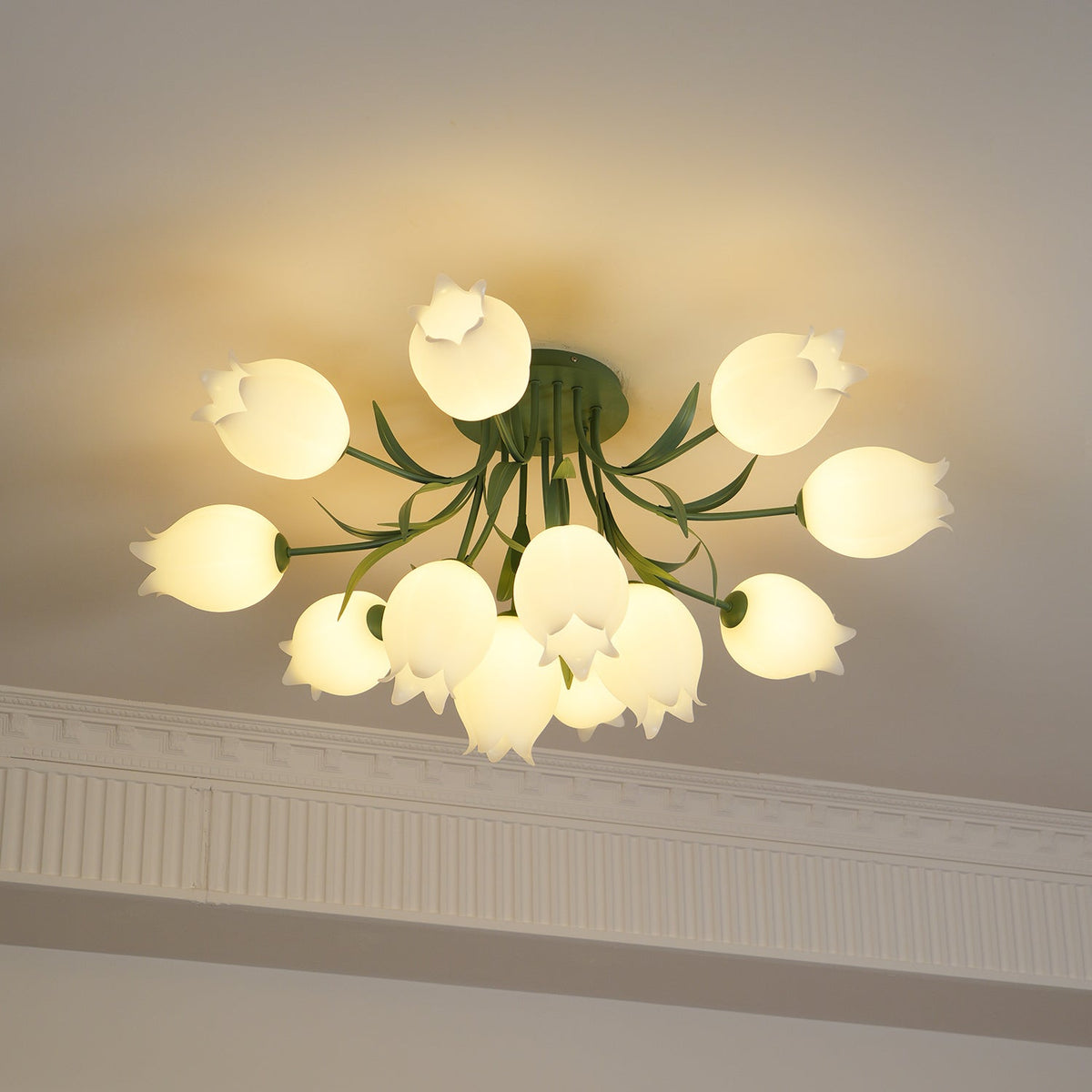 Flush Mount Floral Ceiling Light Fixture with Multi-Head LED Design for Bedroom, Living Room & Bathroom | Green White Acrylic Shades | Dimma