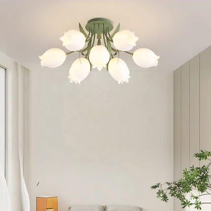 Flush Mount Floral Ceiling Light Fixture with Multi-Head LED Design for Bedroom, Living Room & Bathroom | Green White Acrylic Shades | Dimma