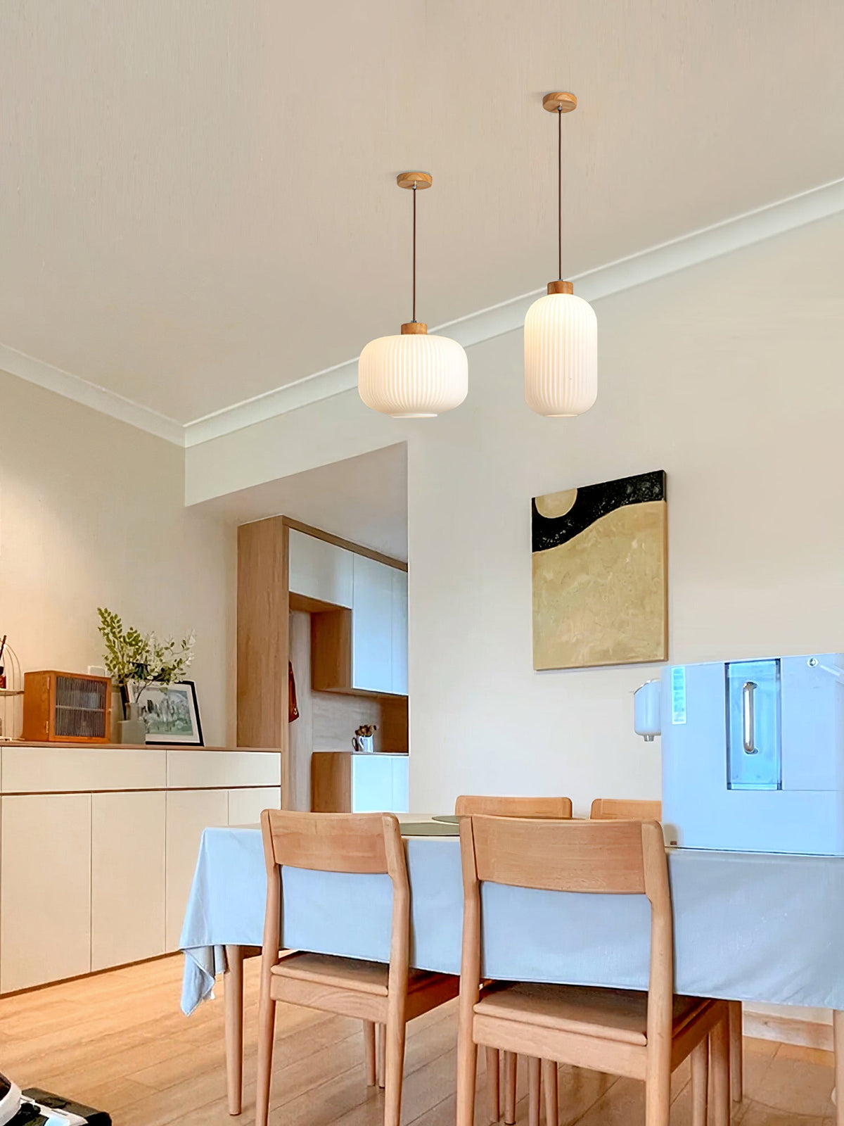 Hanging Ceiling Light with Frosted Shade and Natural Accents for Kitchen Island Dining Room Bedroom | Modern Drop Fixture E26 Socket 110V In