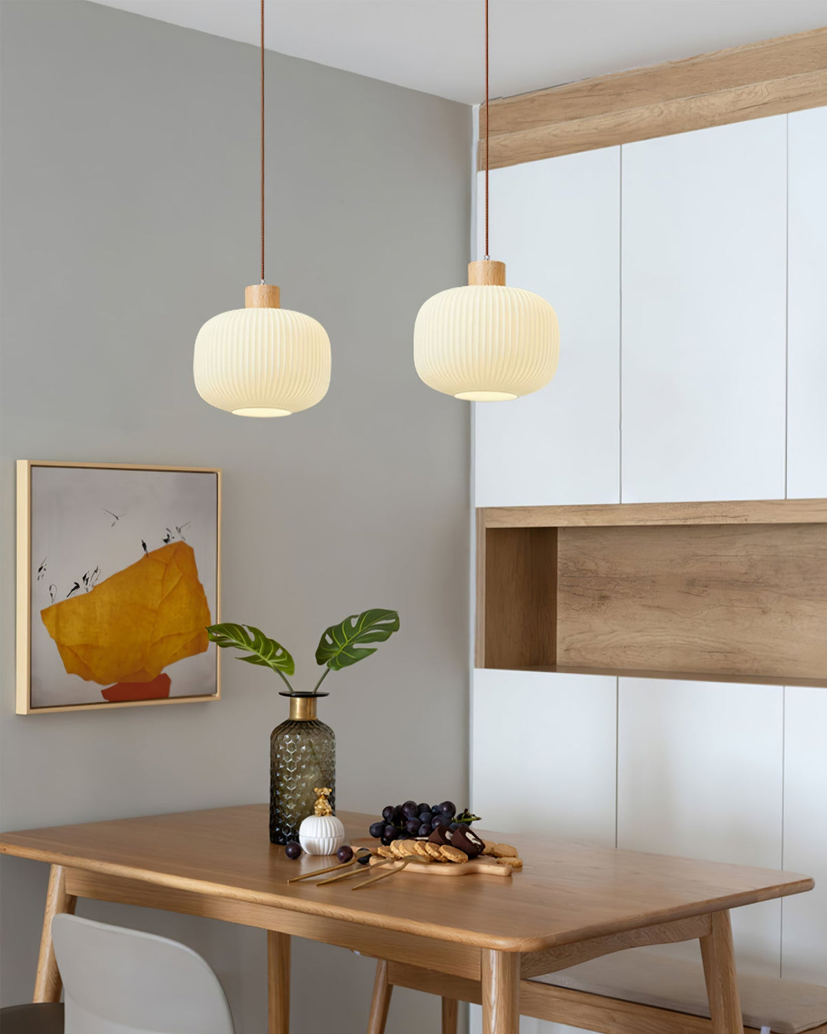 Hanging Ceiling Light with Frosted Shade and Natural Accents for Kitchen Island Dining Room Bedroom | Modern Drop Fixture E26 Socket 110V In