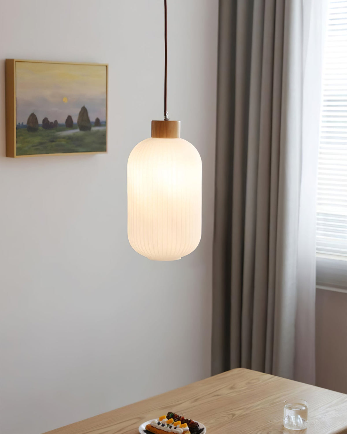 Hanging Ceiling Light with Frosted Shade and Natural Accents for Kitchen Island Dining Room Bedroom | Modern Drop Fixture E26 Socket 110V In