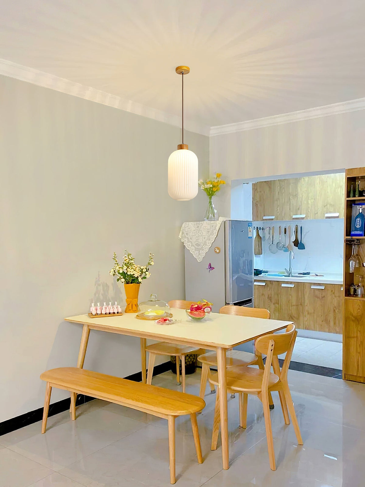 Hanging Ceiling Light with Frosted Shade and Natural Accents for Kitchen Island Dining Room Bedroom | Modern Drop Fixture E26 Socket 110V In