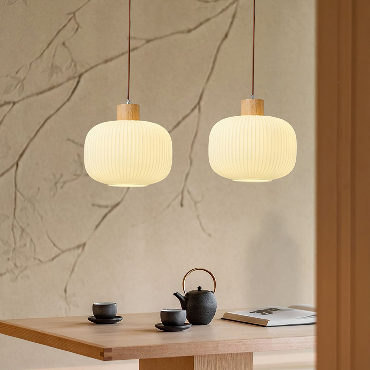 Hanging Ceiling Light with Frosted Shade and Natural Accents for Kitchen Island Dining Room Bedroom | Modern Drop Fixture E26 Socket 110V In