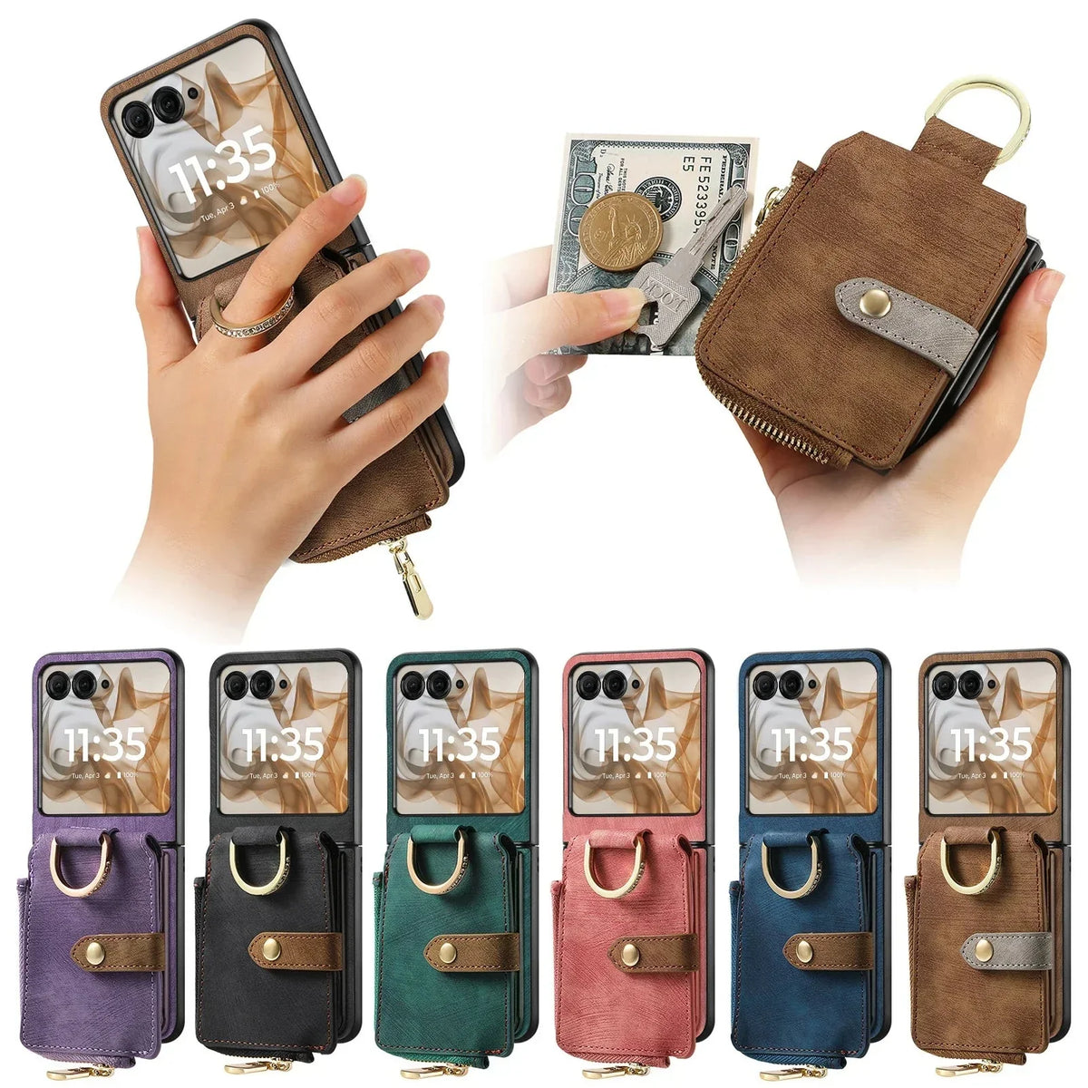 Foldable Phone Wallet Case with Zipper Pouch & Card Slots for Motorola Razr 2023-2026 Models – Protective PU Leather Cover with Magnetic