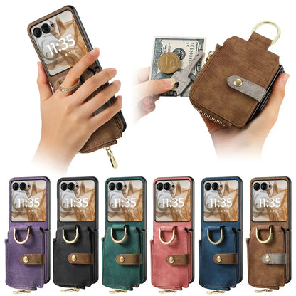 Foldable Phone Wallet Case with Zipper Pouch & Card Slots for Motorola Razr 2023-2026 Models – Protective PU Leather Cover with Magnetic