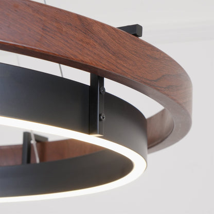 Dual-Ring LED Overhead Fixture Walnut & Black Finish Contemporary Dining Room Suspended Lighting 24-40 Inch Ceiling Mount