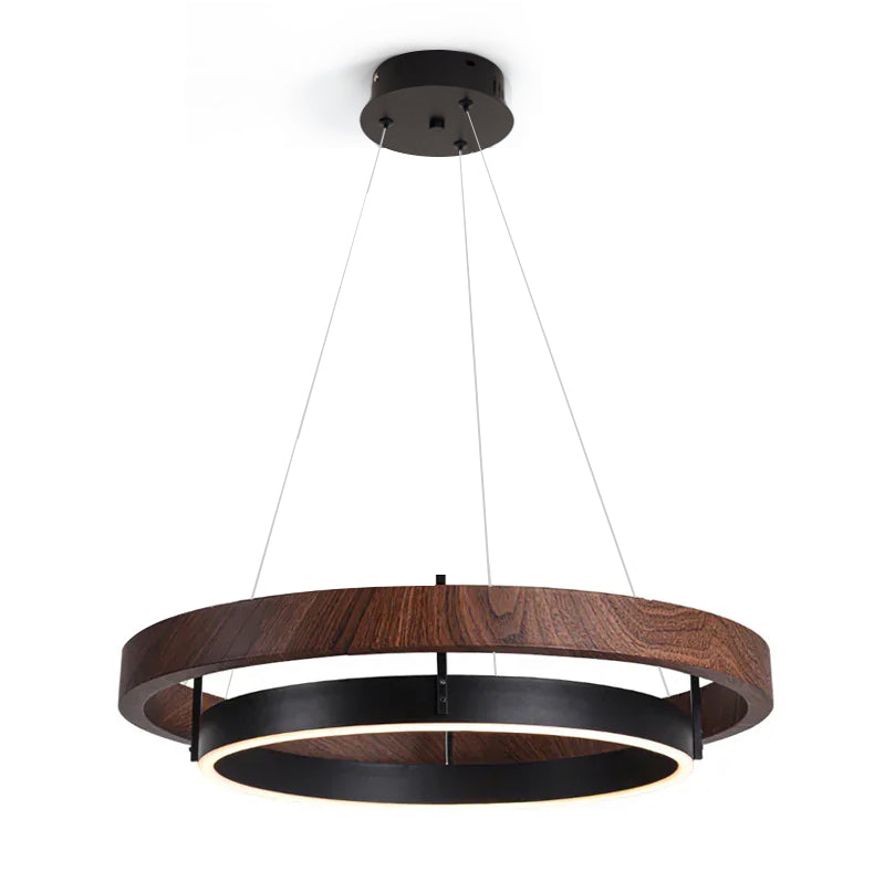 Dual-Ring LED Overhead Fixture Walnut & Black Finish Contemporary Dining Room Suspended Lighting 24-40 Inch Ceiling Mount