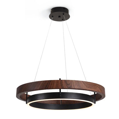 Dual-Ring LED Overhead Fixture Walnut & Black Finish Contemporary Dining Room Suspended Lighting 24-40 Inch Ceiling Mount