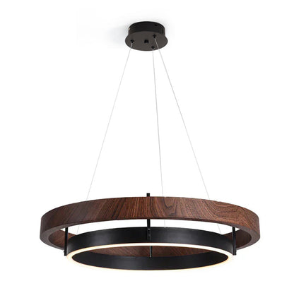 Dual-Ring LED Overhead Fixture Walnut & Black Finish Contemporary Dining Room Suspended Lighting 24-40 Inch Ceiling Mount