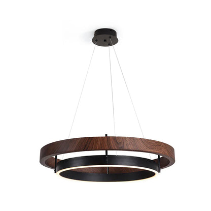 Dual-Ring LED Overhead Fixture Walnut & Black Finish Contemporary Dining Room Suspended Lighting 24-40 Inch Ceiling Mount