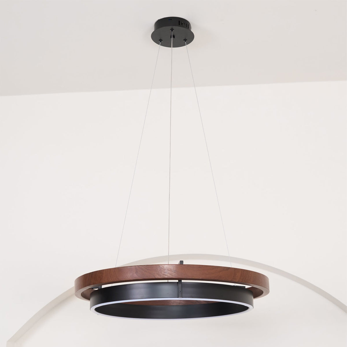 Dual-Ring LED Overhead Fixture Walnut & Black Finish Contemporary Dining Room Suspended Lighting 24-40 Inch Ceiling Mount