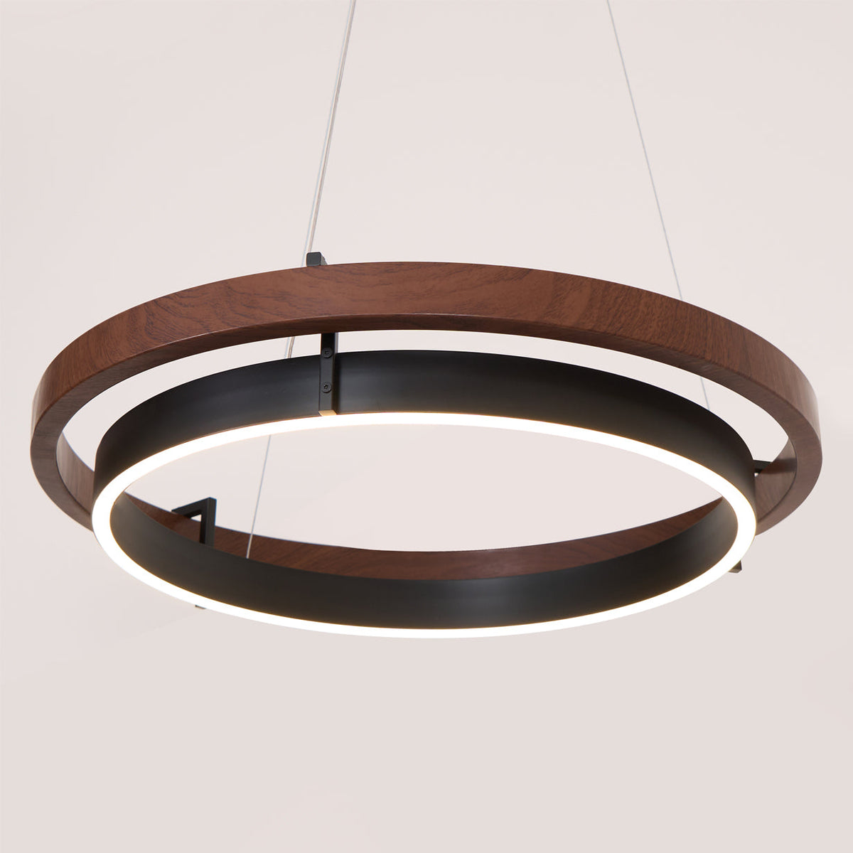 Dual-Ring LED Overhead Fixture Walnut & Black Finish Contemporary Dining Room Suspended Lighting 24-40 Inch Ceiling Mount