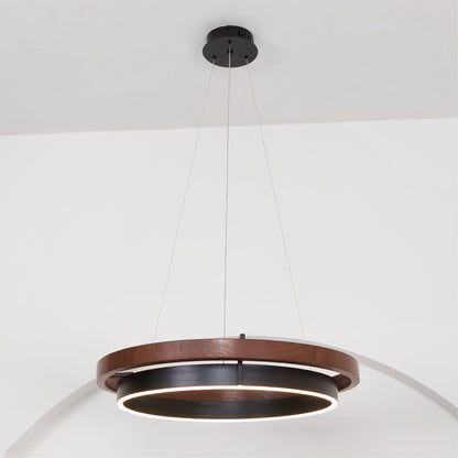 Dual-Ring LED Overhead Fixture Walnut & Black Finish Contemporary Dining Room Suspended Lighting 24-40 Inch Ceiling Mount