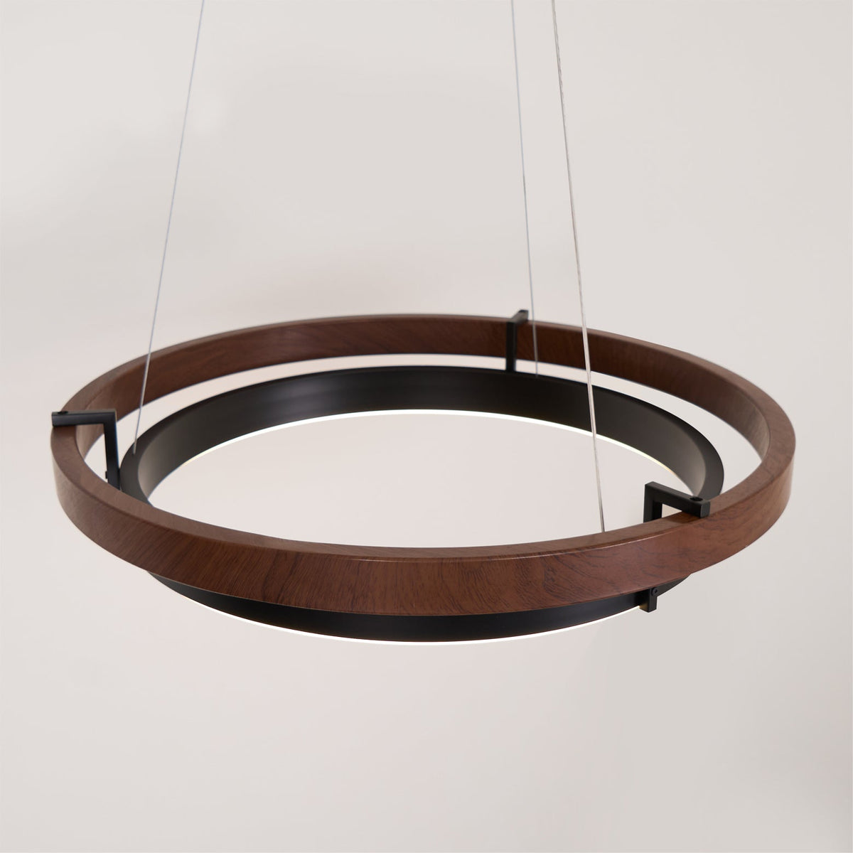 Dual-Ring LED Overhead Fixture Walnut & Black Finish Contemporary Dining Room Suspended Lighting 24-40 Inch Ceiling Mount
