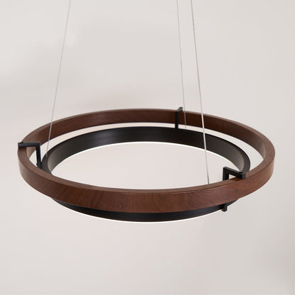 Dual-Ring LED Overhead Fixture Walnut & Black Finish Contemporary Dining Room Suspended Lighting 24-40 Inch Ceiling Mount
