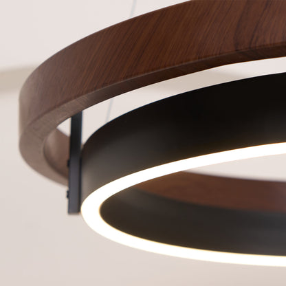 Dual-Ring LED Overhead Fixture Walnut & Black Finish Contemporary Dining Room Suspended Lighting 24-40 Inch Ceiling Mount
