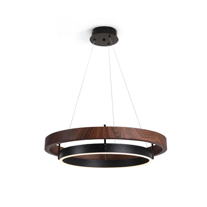 Dual-Ring LED Overhead Fixture Walnut & Black Finish Contemporary Dining Room Suspended Lighting 24-40 Inch Ceiling Mount