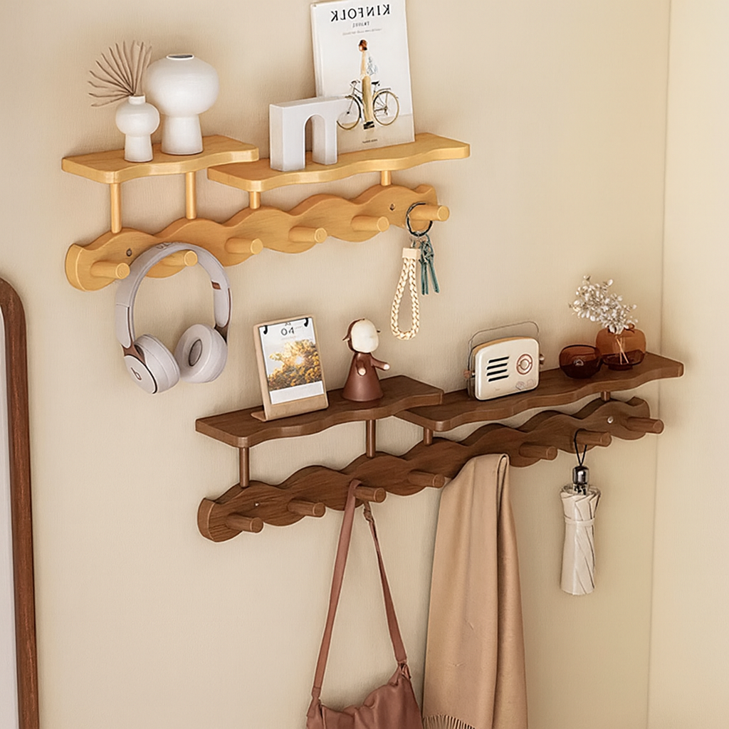 Ripple Collection | Wall Mounted Coat Rack with Shelf & Hooks | Stylish Storage Solution for Organized Entryways