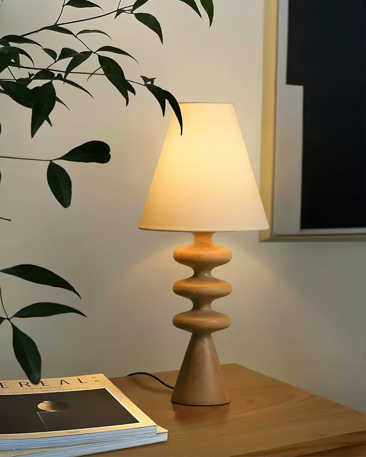 Sculptural Wood Table Lamp with Fabric Shade 20 Inches Tall for Bedside Reading Light Living Room Desk Accent Nightstand Lighting Modern Hom