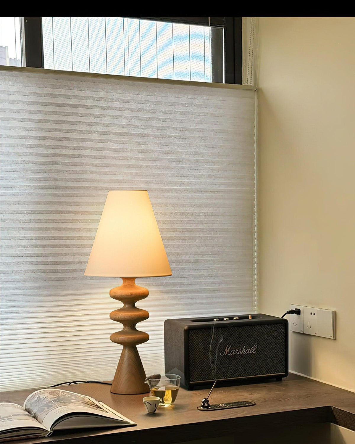 Sculptural Wood Table Lamp with Fabric Shade 20 Inches Tall for Bedside Reading Light Living Room Desk Accent Nightstand Lighting Modern Hom
