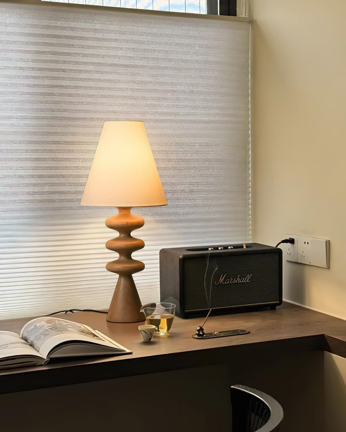 Sculptural Wood Table Lamp with Fabric Shade 20 Inches Tall for Bedside Reading Light Living Room Desk Accent Nightstand Lighting Modern Hom