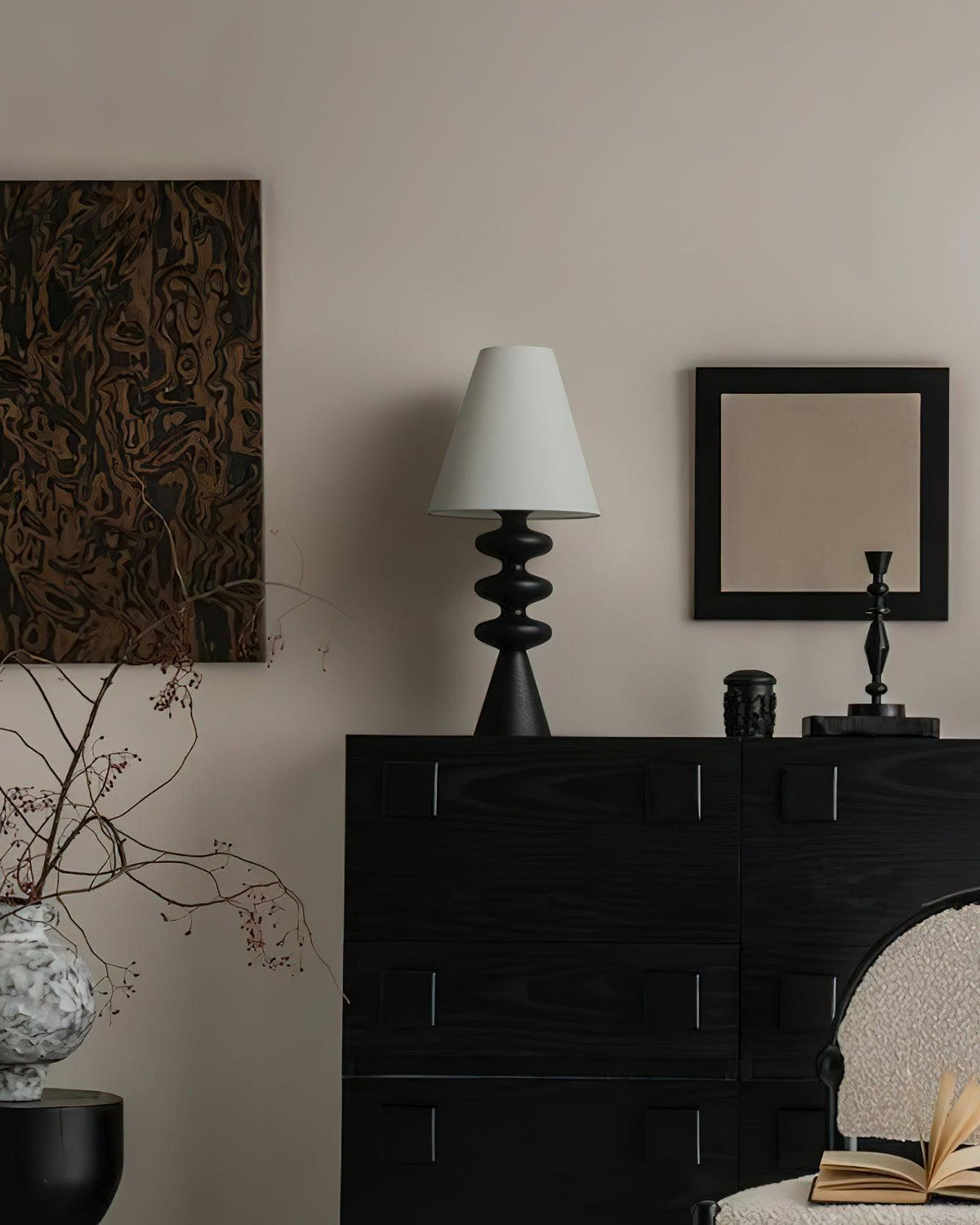 Sculptural Wood Table Lamp with Fabric Shade 20 Inches Tall for Bedside Reading Light Living Room Desk Accent Nightstand Lighting Modern Hom