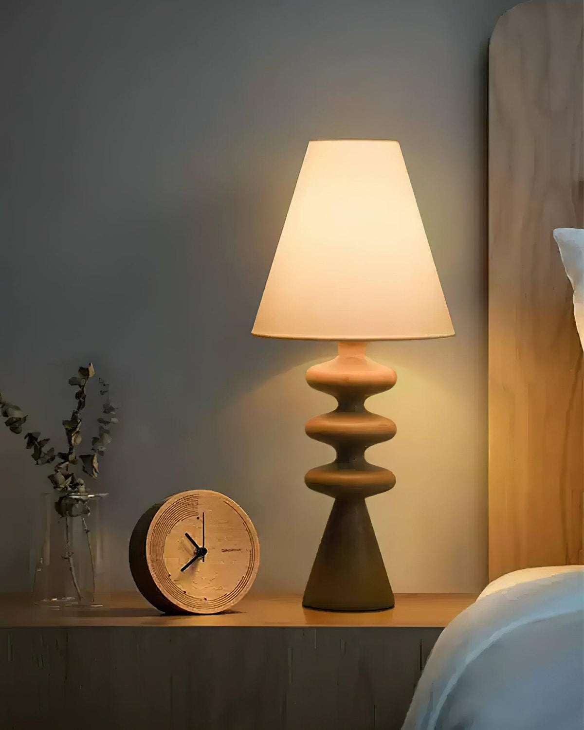 Sculptural Wood Table Lamp with Fabric Shade 20 Inches Tall for Bedside Reading Light Living Room Desk Accent Nightstand Lighting Modern Hom
