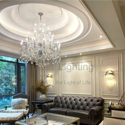 Grand Statement Crystal Chandelier 60 Inch Round Wrought Metal 49-Light Fixture for Foyer Dining Room High Ceiling
