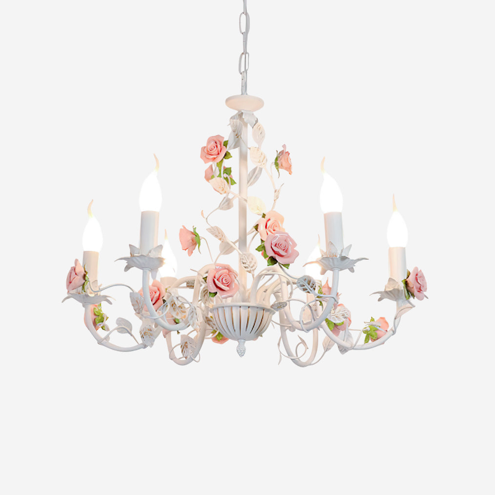 Ceramic Flower Multi-Arm Overhead Light Fixture 30 Inch Pink White Green Metal Frame Adjustable Chain E14 Socket for Dining Room Living Room