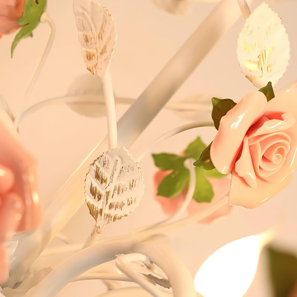 Ceramic Flower Multi-Arm Overhead Light Fixture 30 Inch Pink White Green Metal Frame Adjustable Chain E14 Socket for Dining Room Living Room