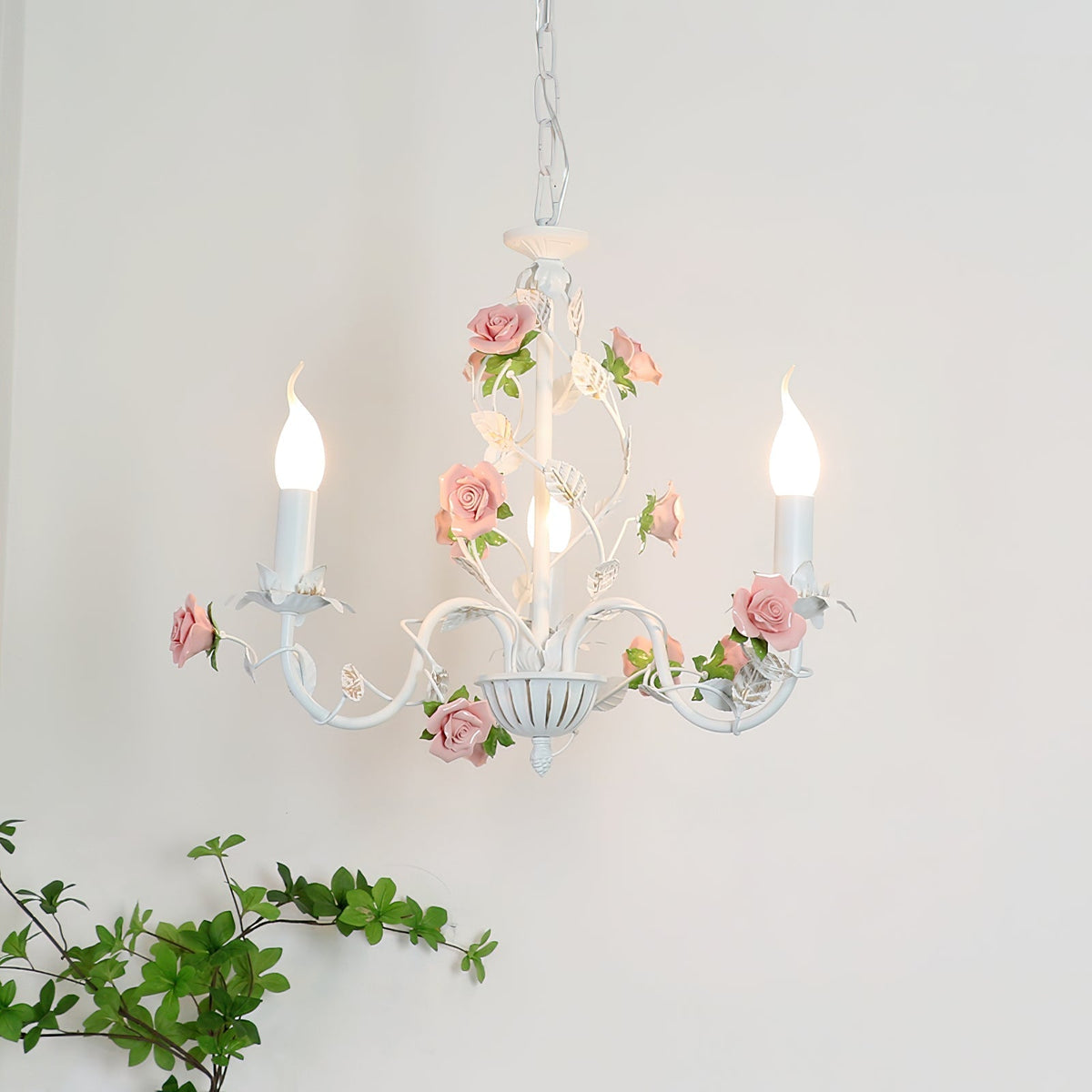 Ceramic Flower Multi-Arm Overhead Light Fixture 30 Inch Pink White Green Metal Frame Adjustable Chain E14 Socket for Dining Room Living Room