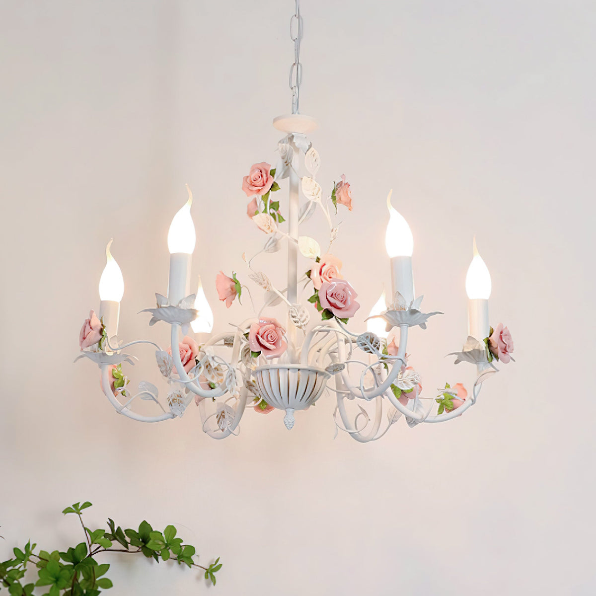 Ceramic Flower Multi-Arm Overhead Light Fixture 30 Inch Pink White Green Metal Frame Adjustable Chain E14 Socket for Dining Room Living Room
