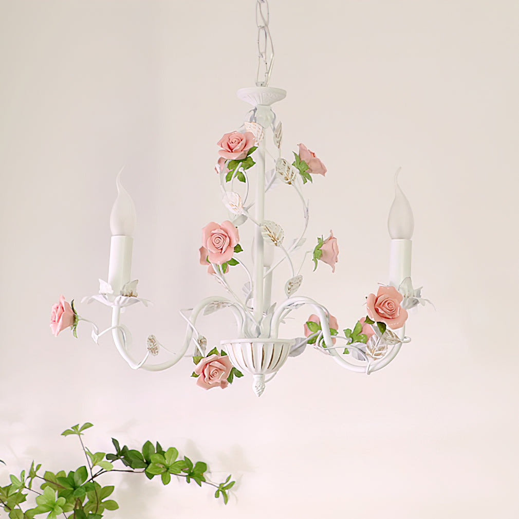 Ceramic Flower Multi-Arm Overhead Light Fixture 30 Inch Pink White Green Metal Frame Adjustable Chain E14 Socket for Dining Room Living Room