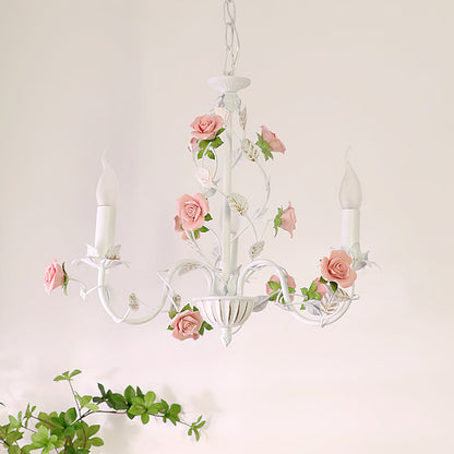 Ceramic Flower Multi-Arm Overhead Light Fixture 30 Inch Pink White Green Metal Frame Adjustable Chain E14 Socket for Dining Room Living Room