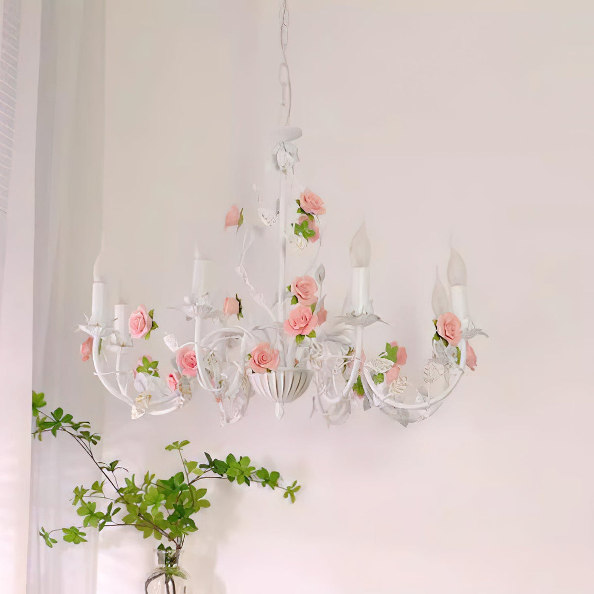 Ceramic Flower Multi-Arm Overhead Light Fixture 30 Inch Pink White Green Metal Frame Adjustable Chain E14 Socket for Dining Room Living Room