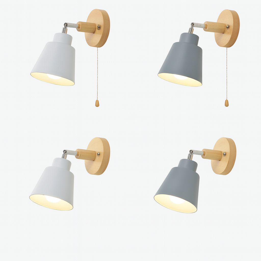 Adjustable Wall-Mount Reading Light Gray Wood Accent Swivel Arm Bedside Sconce E27 Socket for Bedroom Living Room Hallway