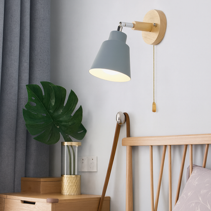 Adjustable Wall-Mount Reading Light Gray Wood Accent Swivel Arm Bedside Sconce E27 Socket for Bedroom Living Room Hallway
