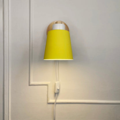 Adjustable Wood & Metal Sconce 7.5 in Yellow Plug-In Task Light for Nightstand Bedrooms Home Office Swivel Arm Accent Lighting
