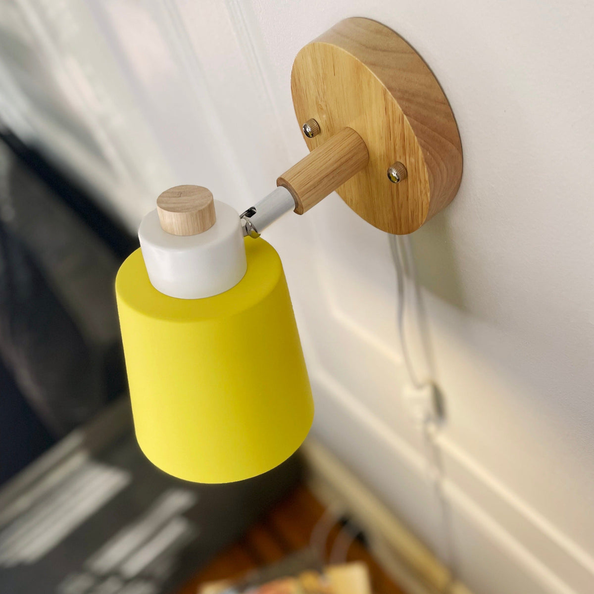 Adjustable Wood & Metal Sconce 7.5 in Yellow Plug-In Task Light for Nightstand Bedrooms Home Office Swivel Arm Accent Lighting