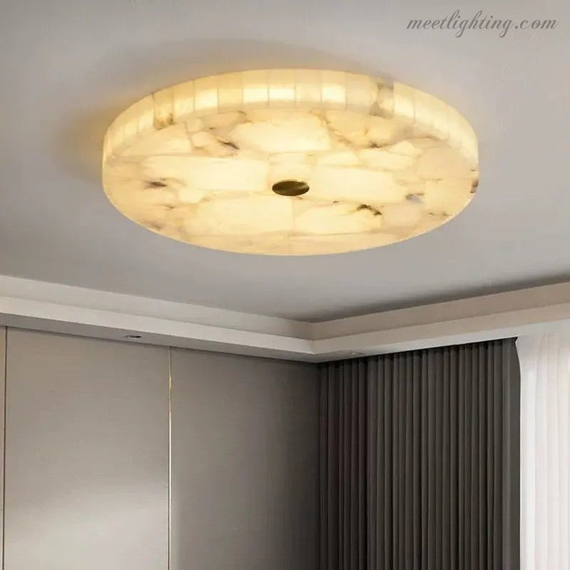 Alabaster Flush Mount Ceiling Light – Natural Stone Fixture for Living Room, Bedroom & Hallway – Round LED Fixture in Brass, Black or Chrome