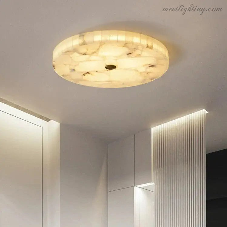 Alabaster Flush Mount Ceiling Light – Natural Stone Fixture for Living Room, Bedroom & Hallway – Round LED Fixture in Brass, Black or Chrome