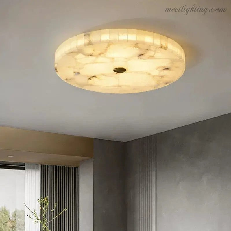Alabaster Flush Mount Ceiling Light – Natural Stone Fixture for Living Room, Bedroom & Hallway – Round LED Fixture in Brass, Black or Chrome