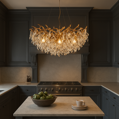 Round Crystal Chandelier 31.5 in Diameter Gold Finish Warm White LED for Dining Room Living Room Hallway Adjustable Height Ceiling Light for