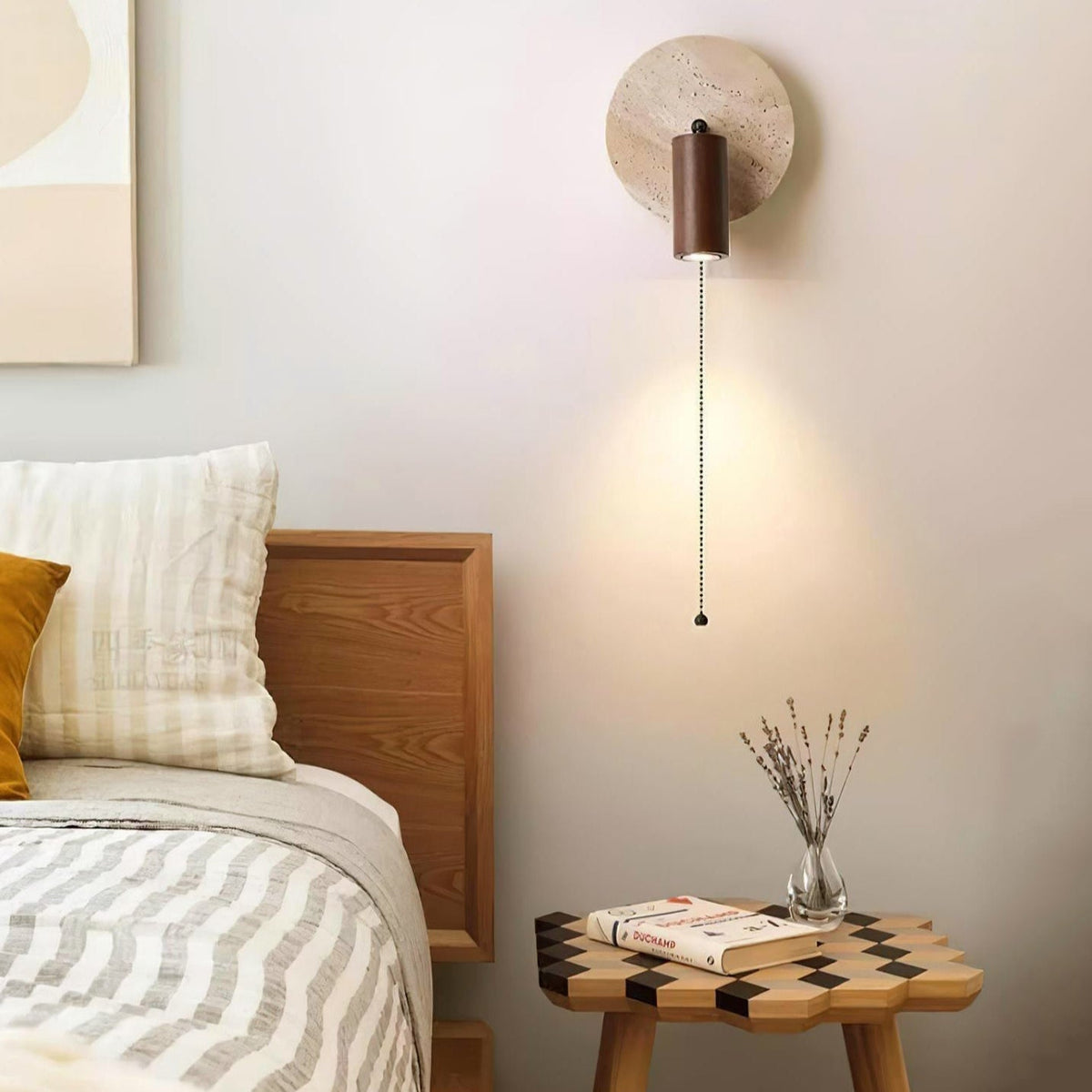 Rotatable Travertine Stone Sconce 7 Inch Adjustable Bedside Reading Light Warm LED Wall Mount Task Lighting Fixture for Bedroom Living Room