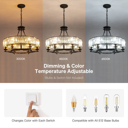 Wagon Wheel Crystal Fixture Matte Black Adjustable Hanging Light 31 Inch Dining Room Farmhouse Ceiling Lighting for Kitchen Island Living Ro