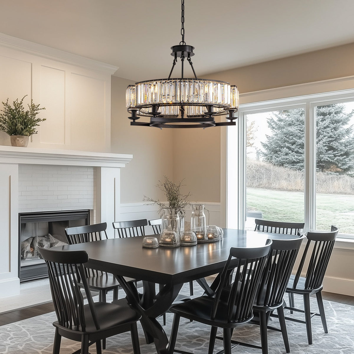 Round Overhead Fixture with Hanging Prisms for Dining Areas, Open-Concept Kitchens & Farmhouse Interiors | Adjustable Height, Wagon Wheel Fr