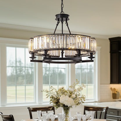 Wagon Wheel Crystal Fixture Matte Black Adjustable Hanging Light 31 Inch Dining Room Farmhouse Ceiling Lighting for Kitchen Island Living Ro