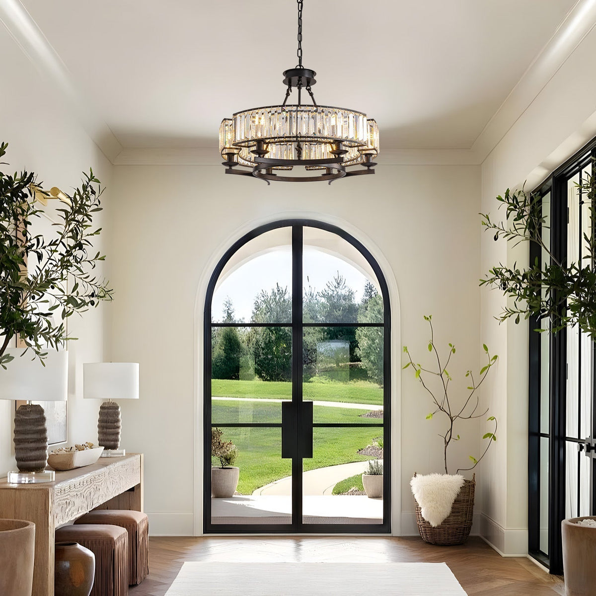 Wagon Wheel Crystal Fixture Matte Black Adjustable Hanging Light 31 Inch Dining Room Farmhouse Ceiling Lighting for Kitchen Island Living Ro